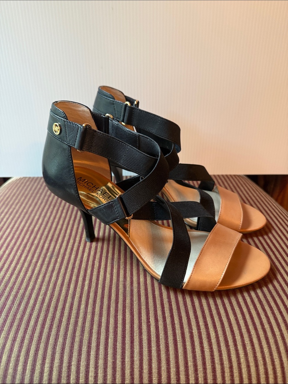 Michael Kors Black and Tan Strappy Elastic Heel Sandal